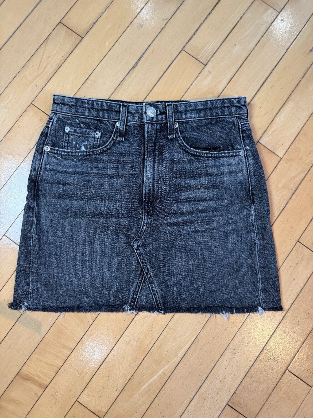 Rag & Bone Itty Bitty Mini Skirt High Waisted Raw Hem Black Denim Jean Size 27